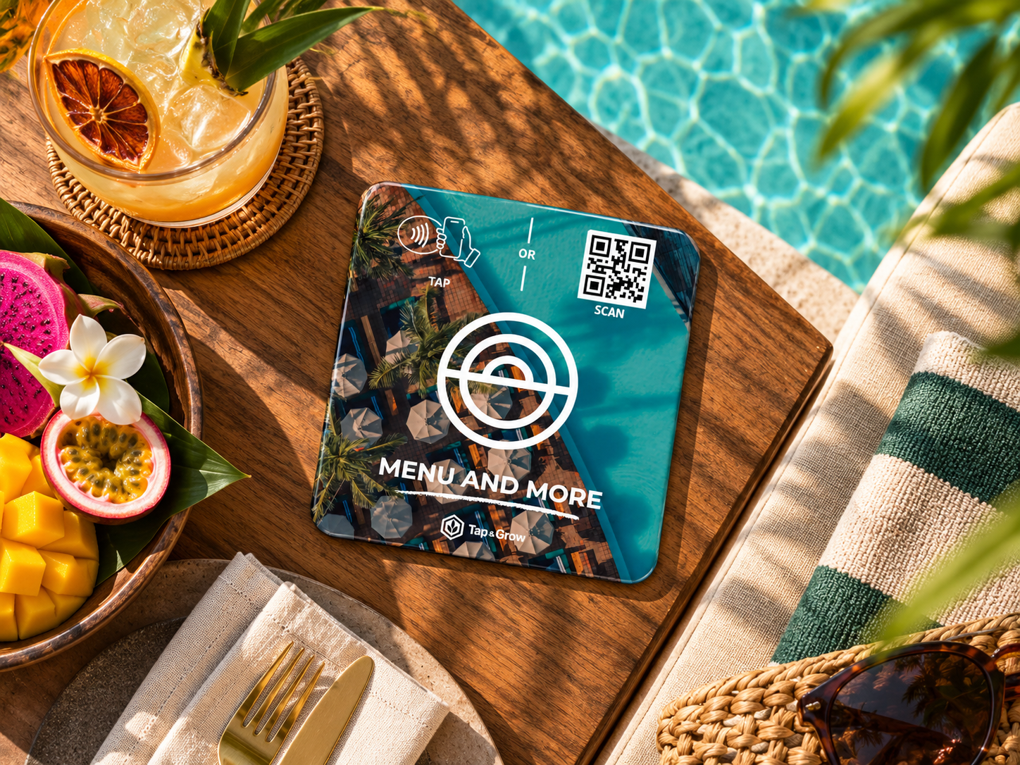 Tap and Grow NFC concept on a table beside the Potato Head Beach Club pool